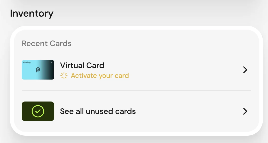EpixPay Inventory with Activate your card