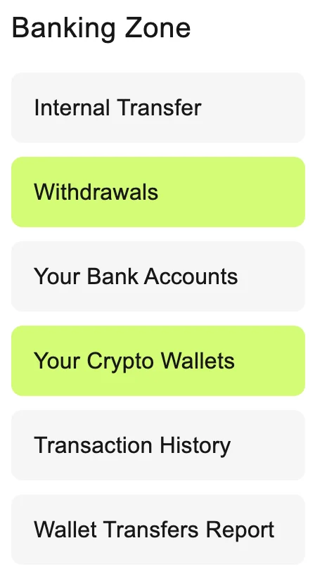 Banking Zone menu in TAG Markets
