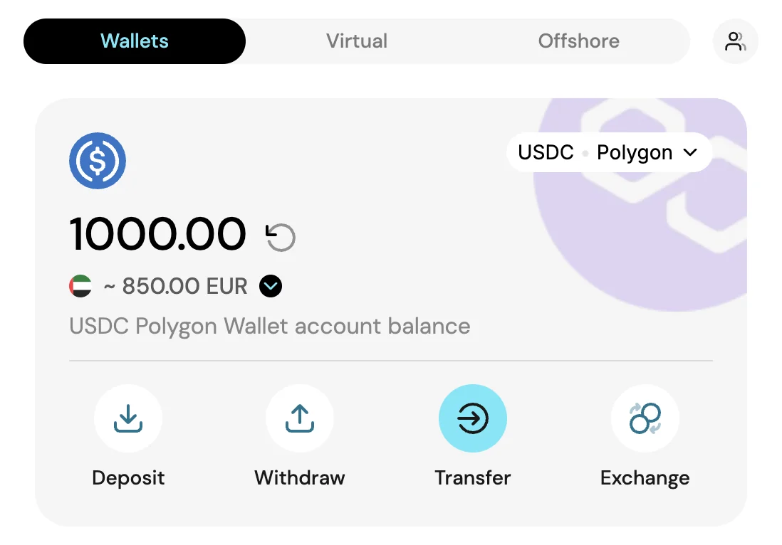 Wallets screen with Transfer